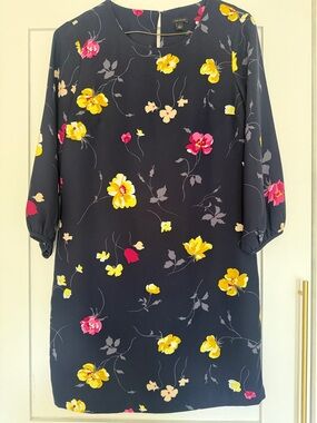 Ann Taylor Navy Midi Dress with Yellow & Pink Floral Print
